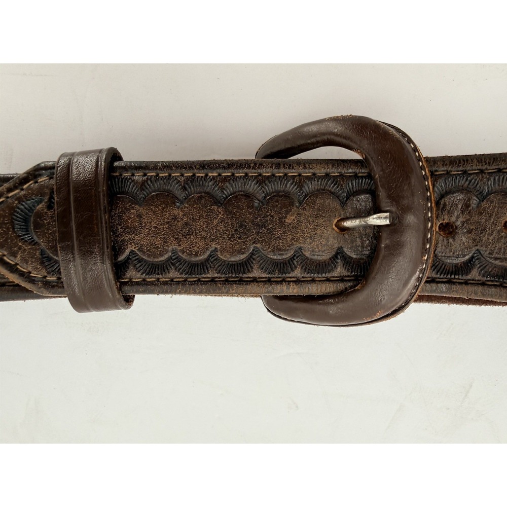 VTG Brown Hand Tooled & Braided Woven Leather Belt Size 34 Thick Cowhide Leather